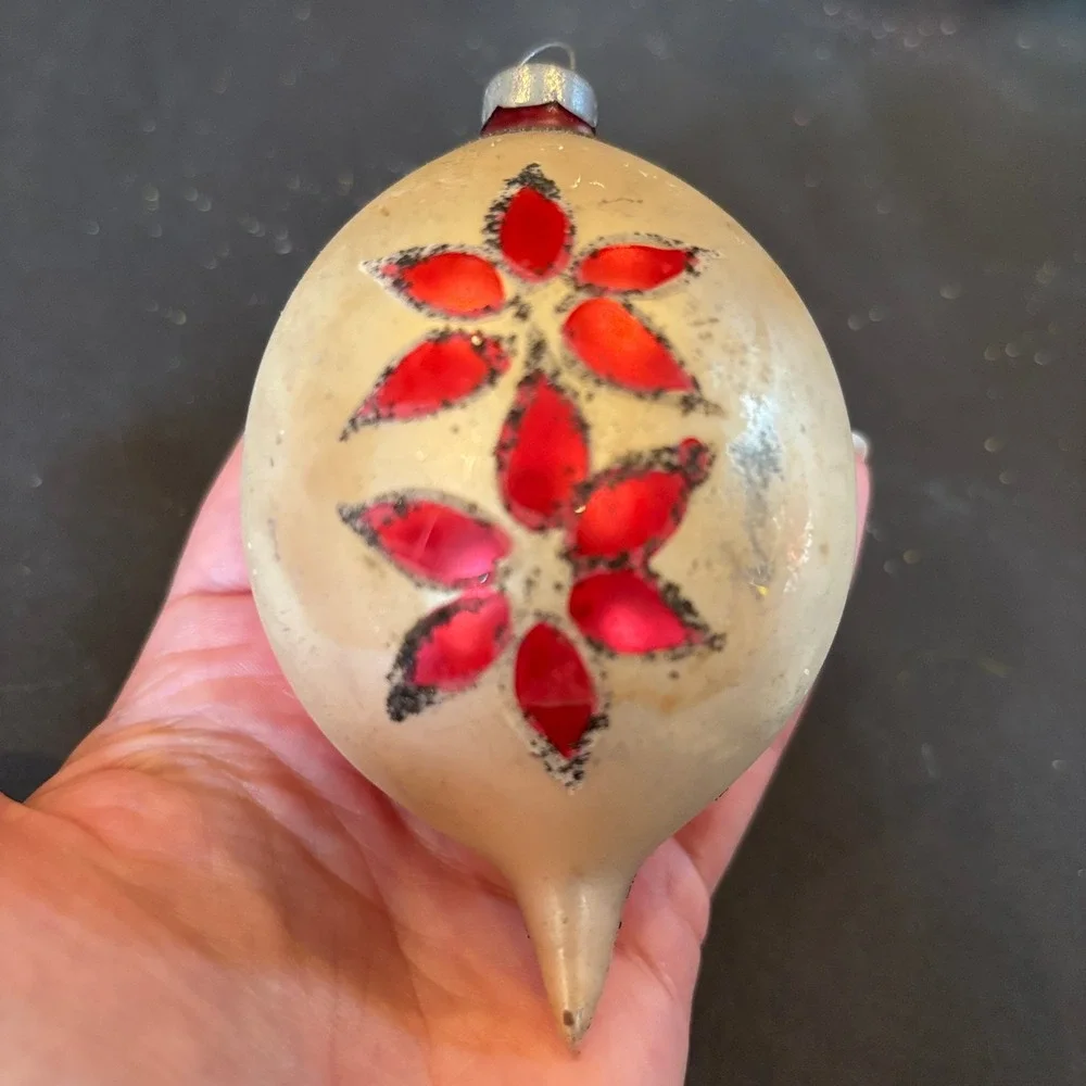 Vintage Hand Painted Indent Teardrop Red Gold Pink Floral Motif Glass Ornament